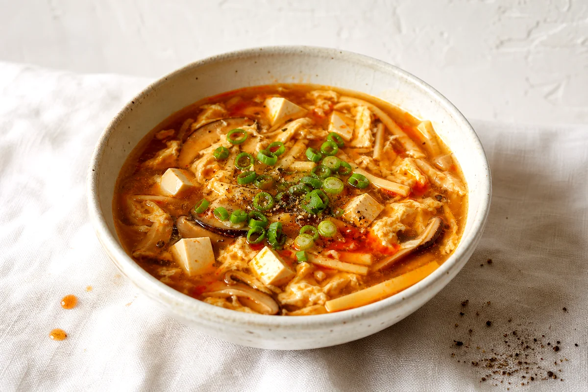Steaming hot and sour soup with tofu, mushrooms, egg ribbons, bamboo shoots, and green onions in a white ceramic bowl