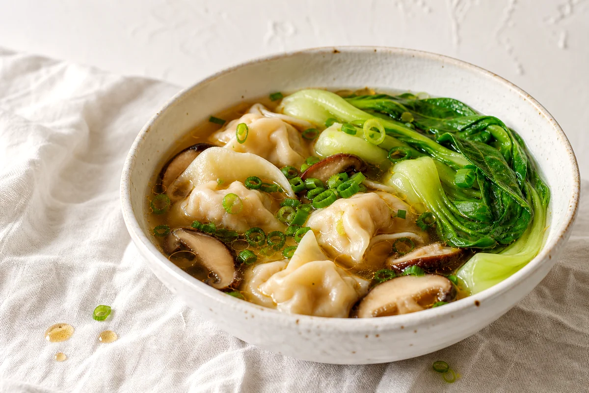 White ceramic bowl filled with wonton soup, bok choy, mushrooms, and green onions