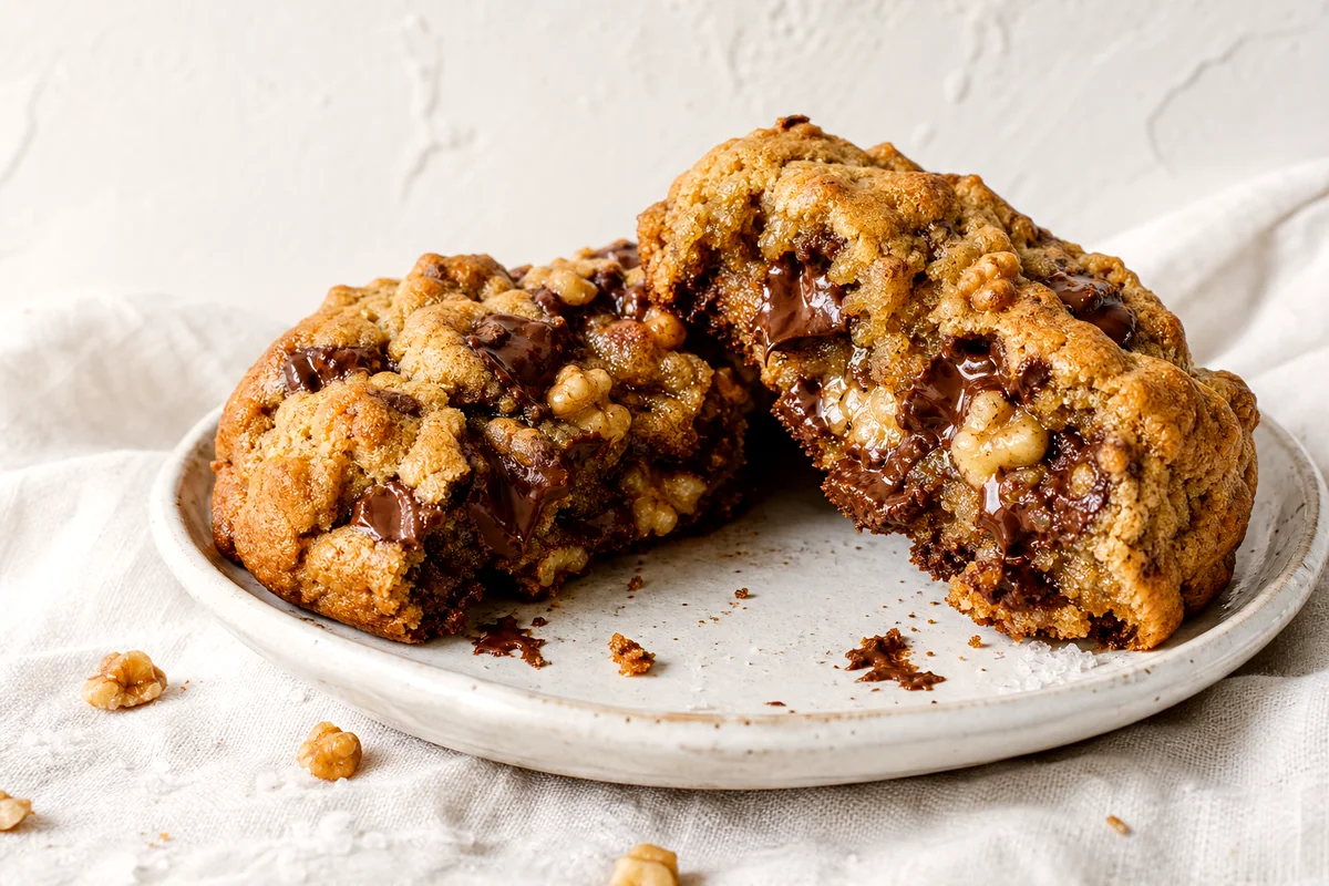 Thick chocolate chip walnut cookie broken open with gooey melted chocolate on a white ceramic plate