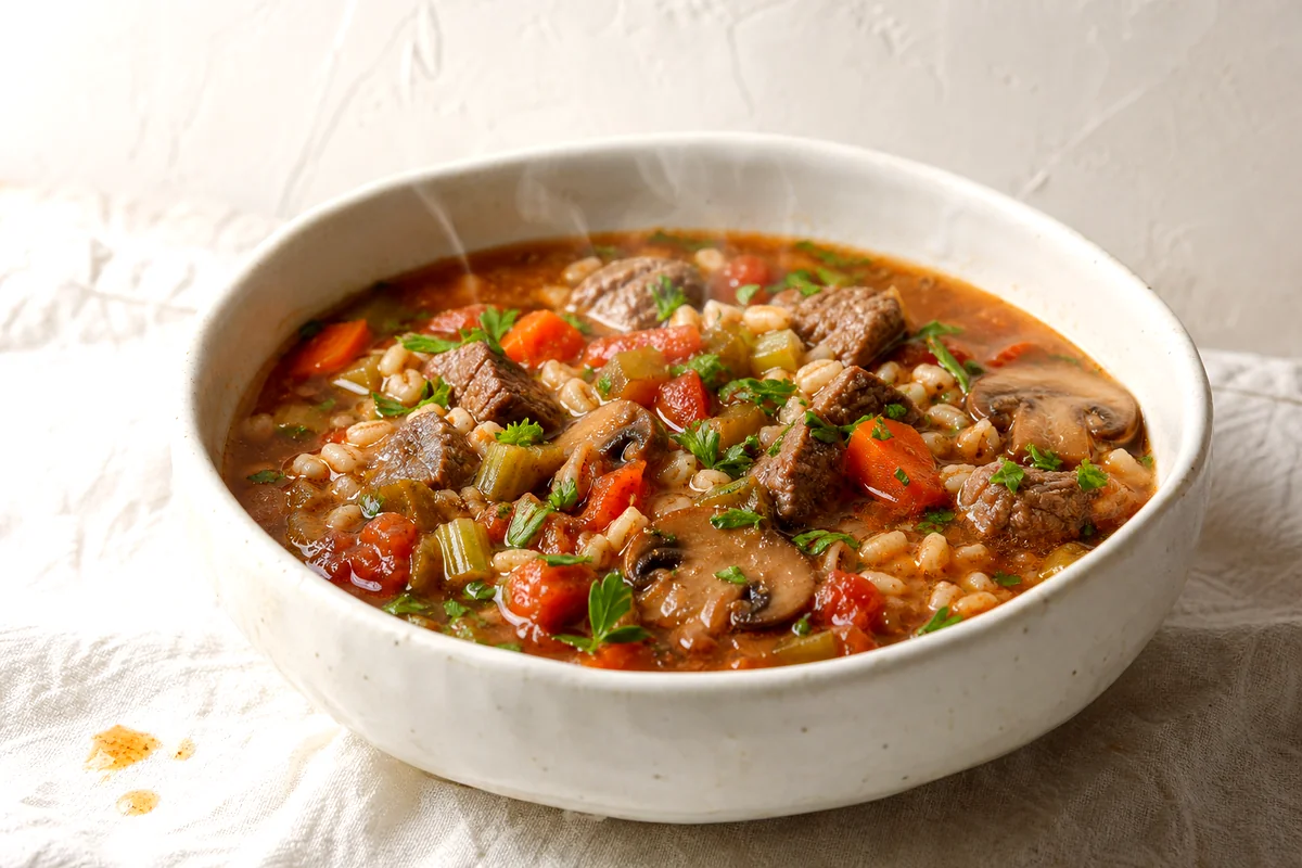 Bowl of beef barley soup with mushrooms, carrots, celery, tomatoes, and parsley on white linen