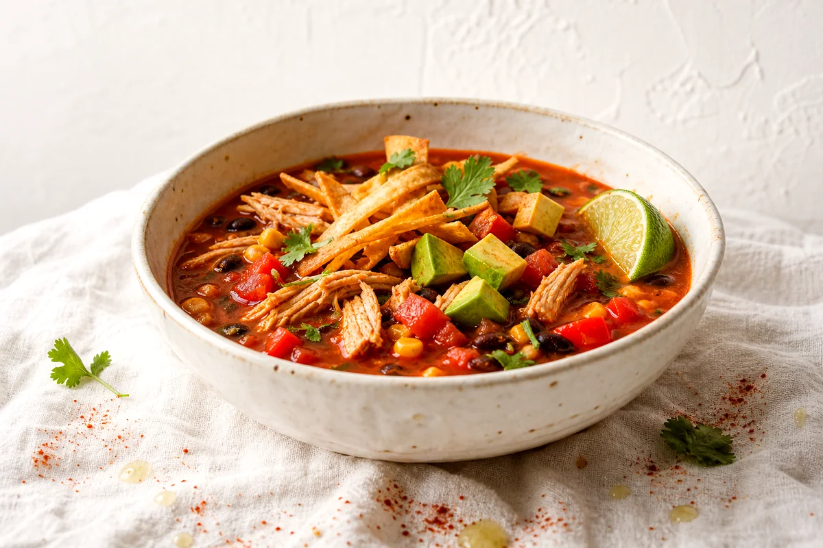 Bowl of chicken tortilla soup topped with avocado, tortilla strips, cilantro, and lime