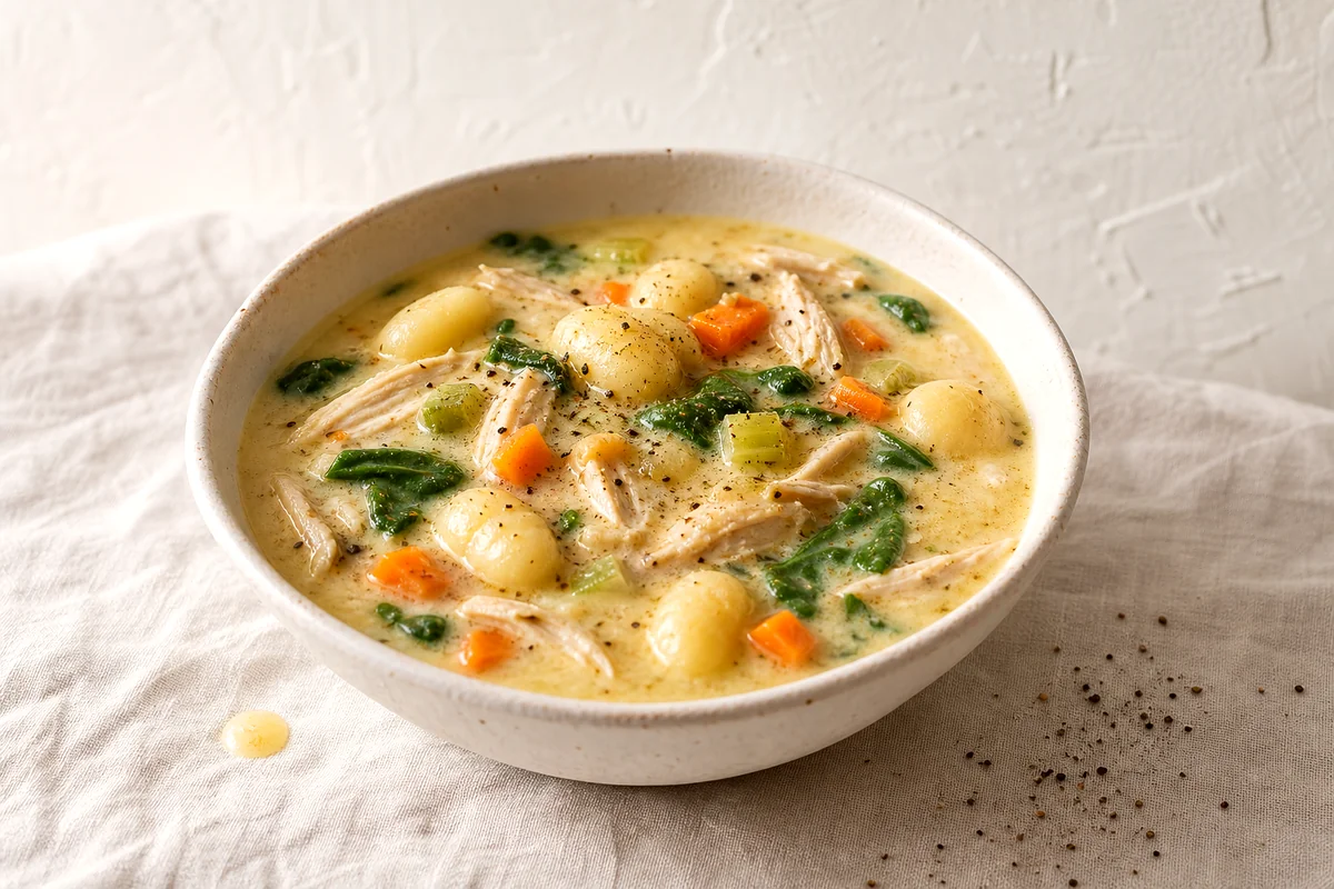 Creamy chicken gnocchi soup with shredded chicken, spinach, carrots, and potato gnocchi in a white bowl