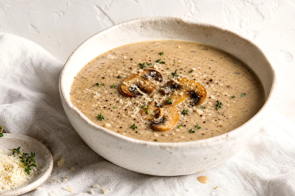 Creamy mushroom soup topped with mushrooms, Parmesan, black pepper, and thyme in a white ceramic bowl