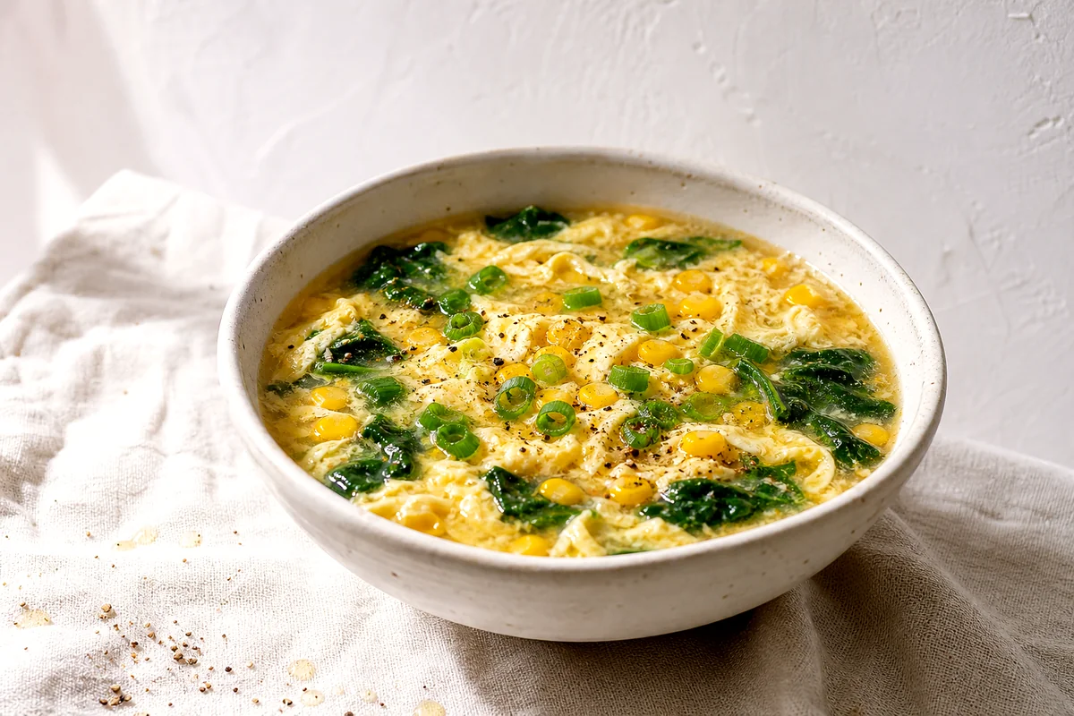 White ceramic bowl of egg drop soup with egg ribbons, corn, spinach, green onions, and black pepper
