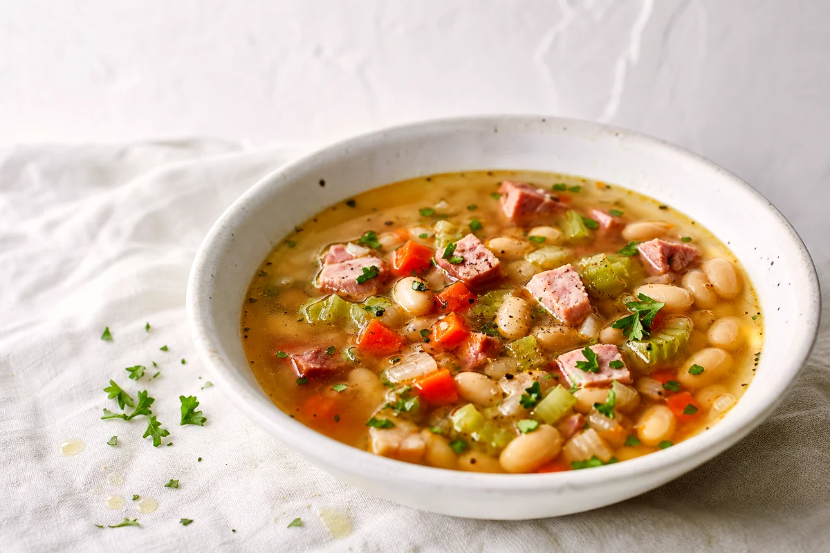 Bowl of ham and bean soup with cannellini beans, carrots, celery, parsley, and black pepper