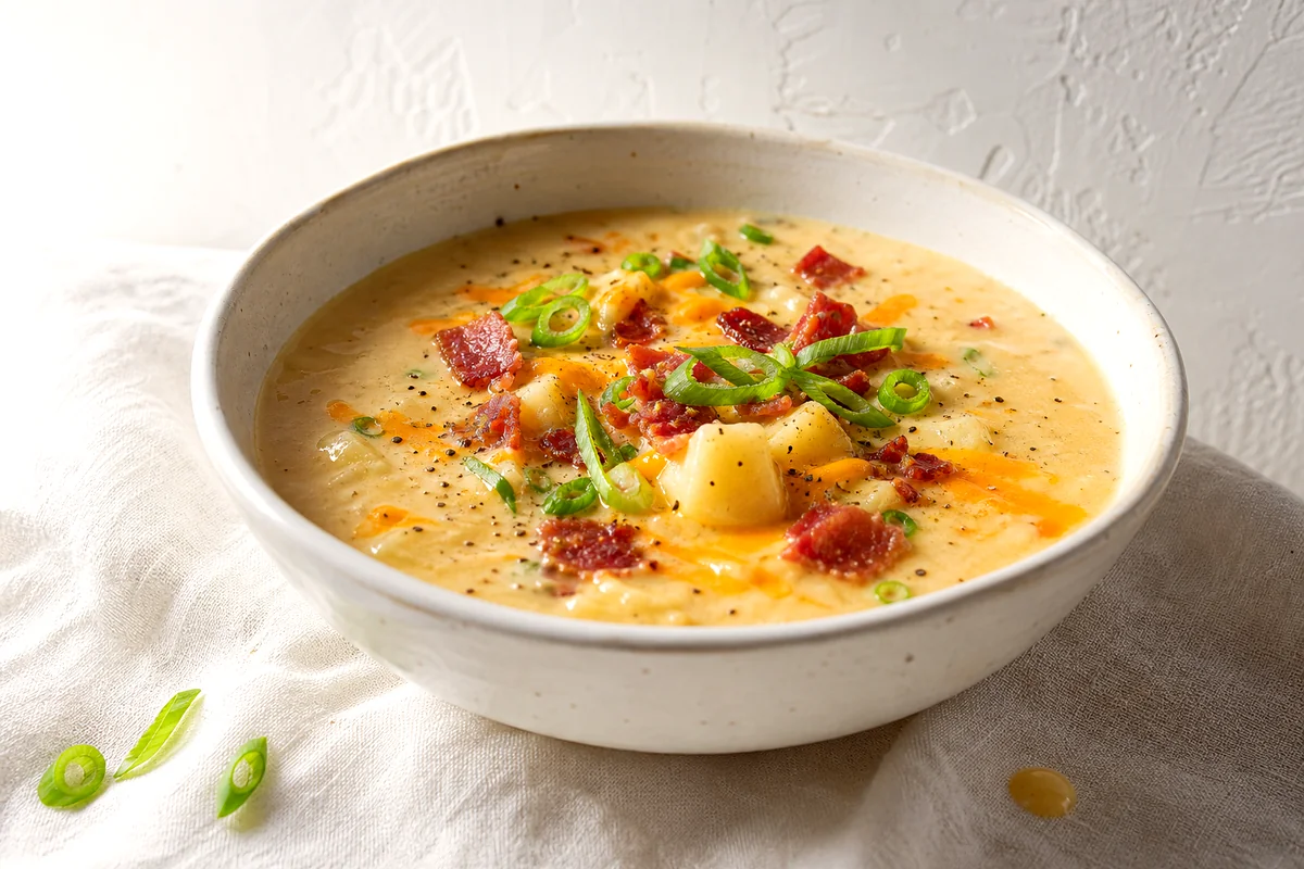 Creamy loaded potato soup topped with turkey bacon, cheddar, green onions, and black pepper