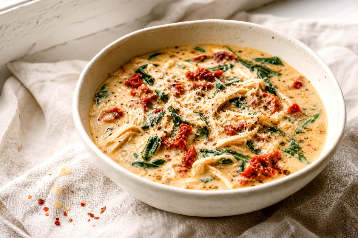 Creamy chicken soup with spinach, sun dried tomatoes, and Parmesan in a white ceramic bowl