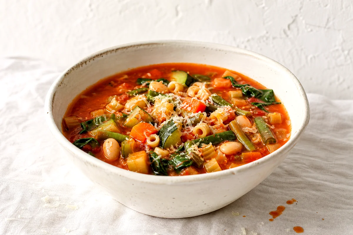 Hearty minestrone soup with beans, vegetables, pasta, spinach, and Parmesan in a white bowl