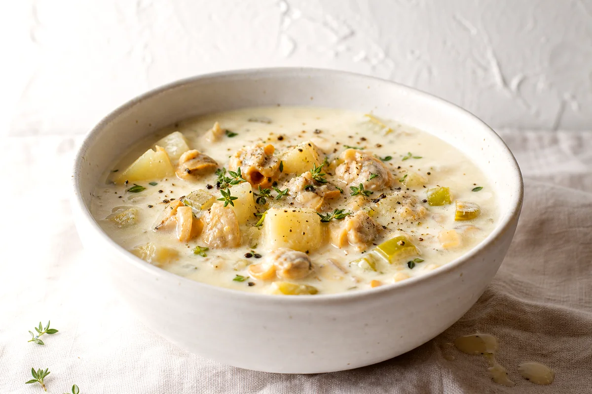 Creamy clam chowder with potatoes, celery, thyme, and black pepper in a white ceramic bowl