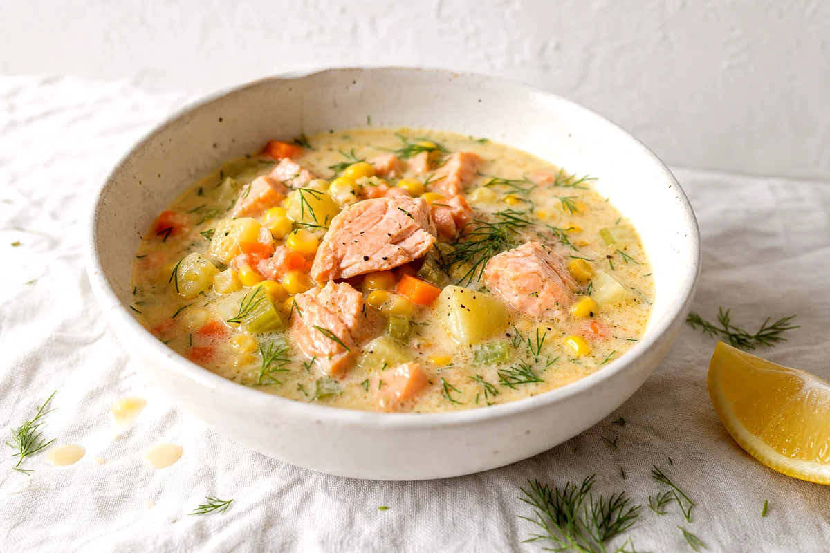 Creamy salmon chowder with potatoes, corn, carrots, celery, dill, and lemon in a white ceramic bowl