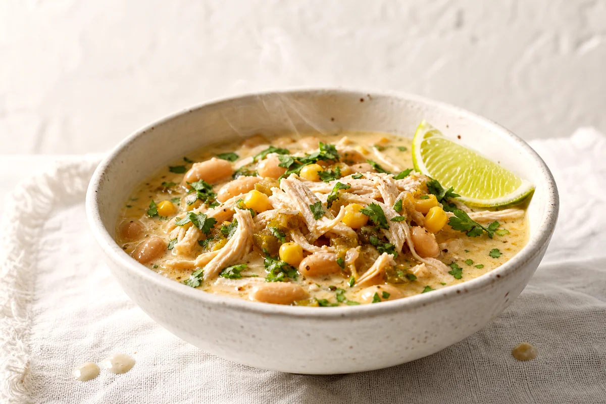 Creamy white chicken chili with beans, corn, cilantro, and lime in a white ceramic bowl