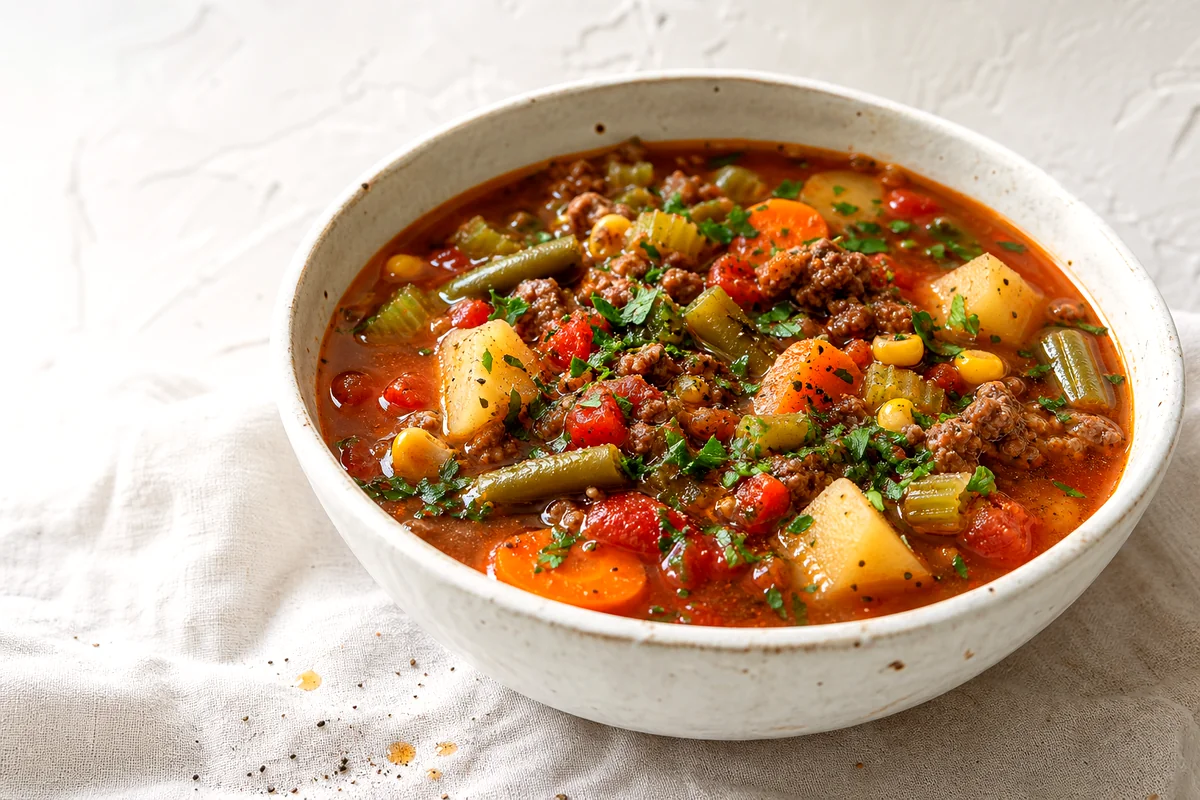 Bowl of hamburger vegetable soup with beef, potatoes, carrots, green beans, corn, tomatoes, and parsley