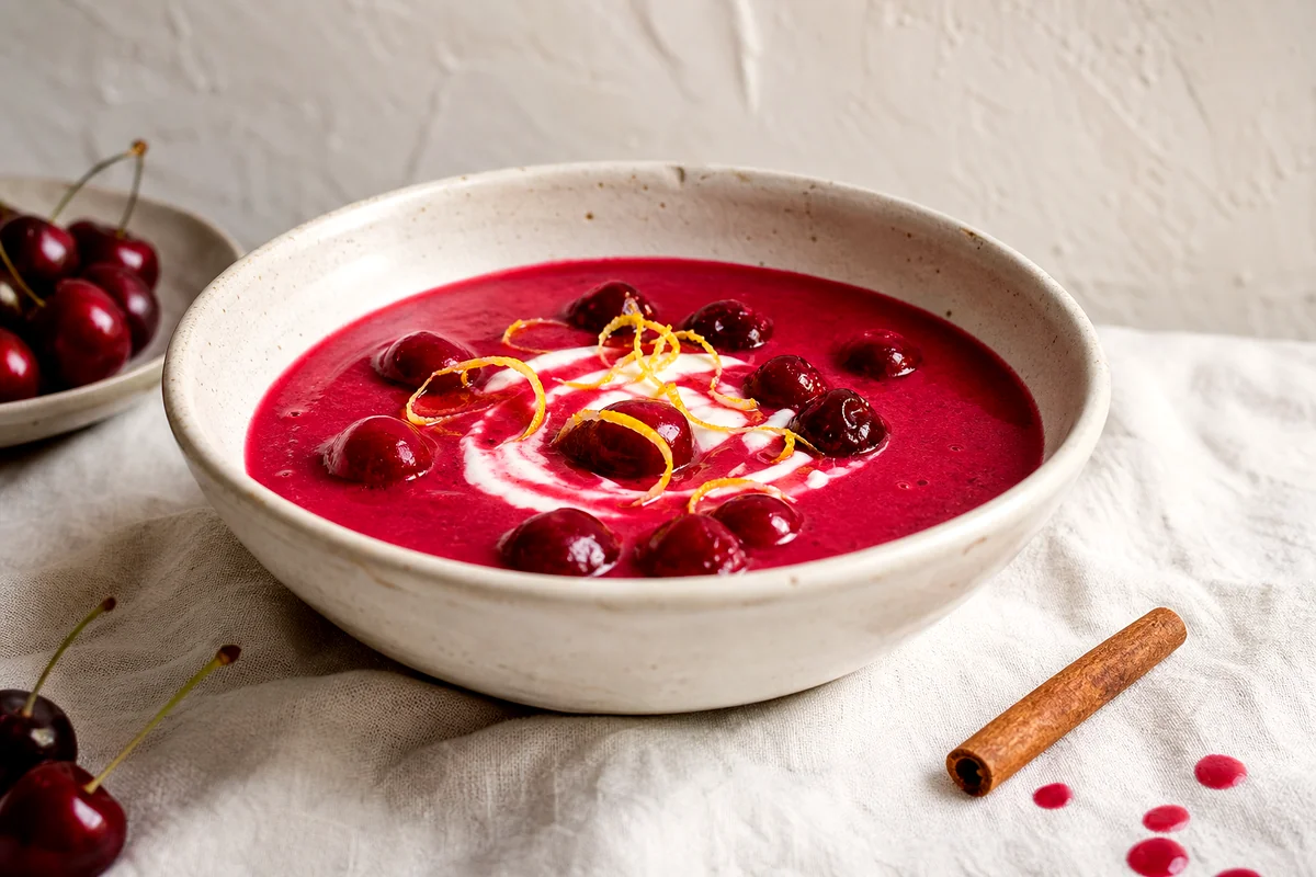 Creamy ruby sour cherry soup in a white ceramic bowl with sour cream swirl and lemon zest