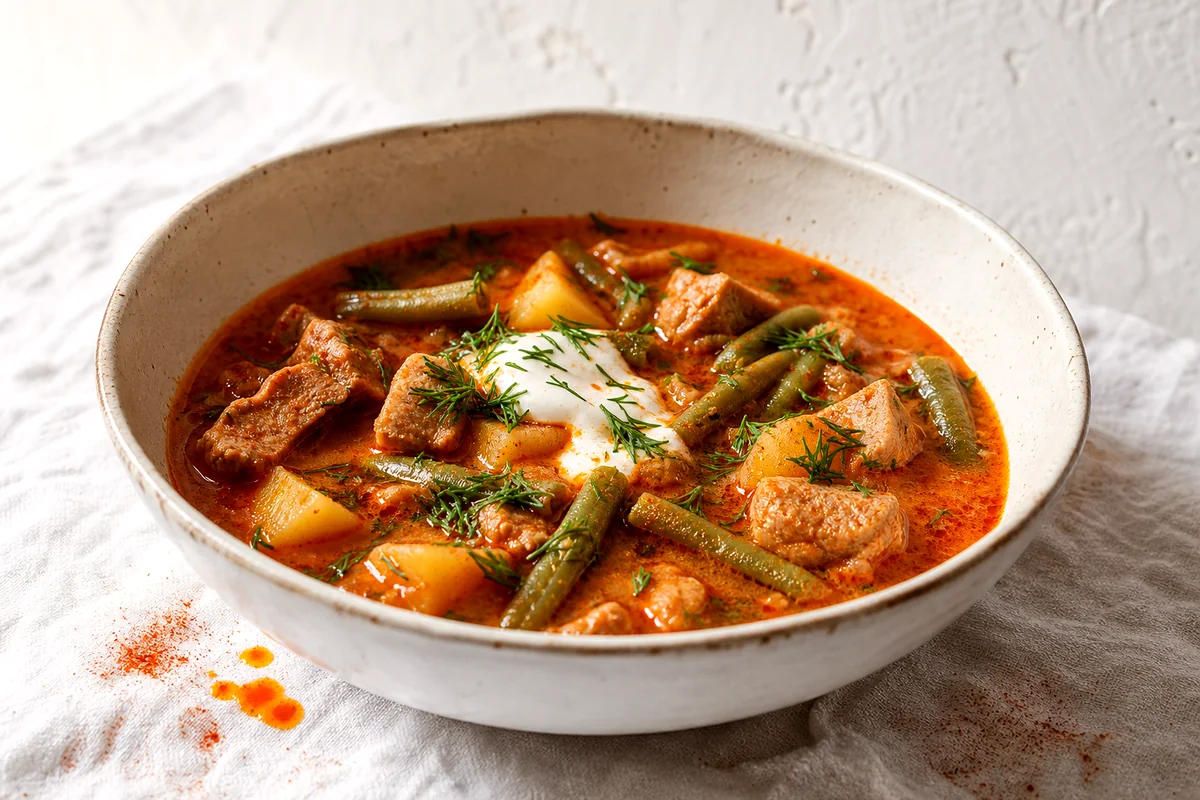 Creamy paprika pork soup with green beans, potatoes, sour cream, and fresh dill in a white ceramic bowl