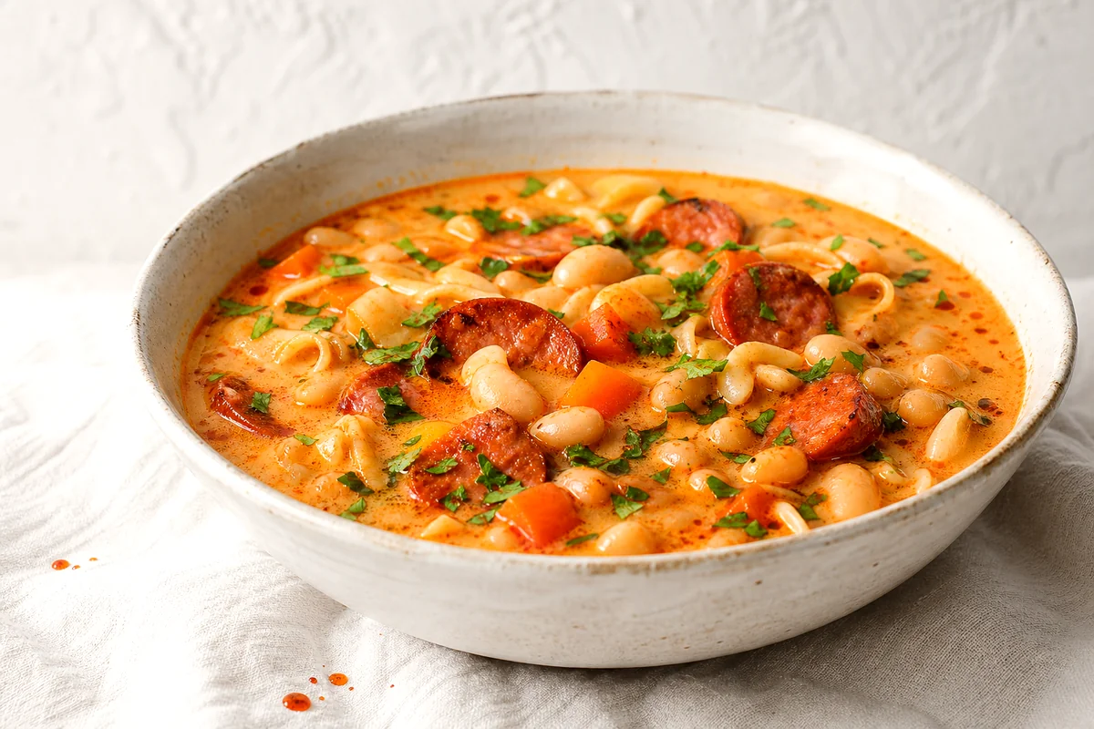 Creamy paprika bean soup with smoked sausage, carrots, noodles, and parsley in a white ceramic bowl
