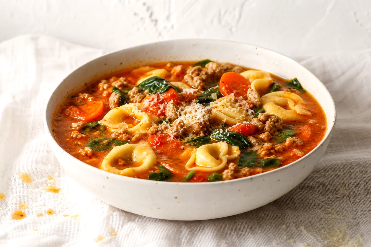 White ceramic bowl of sausage tortellini soup with spinach, carrots, tomato broth, and Parmesan