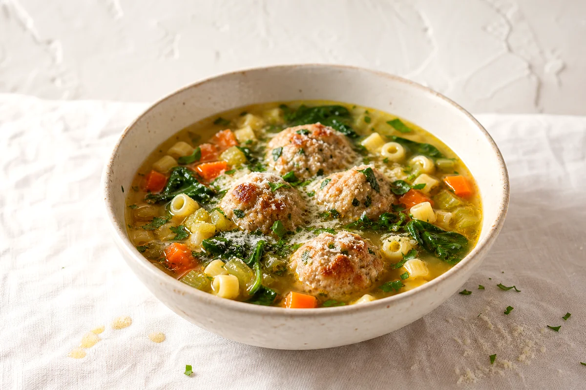 White ceramic bowl of Italian wedding soup with turkey meatballs, pasta, carrots, celery, spinach, and Parmesan