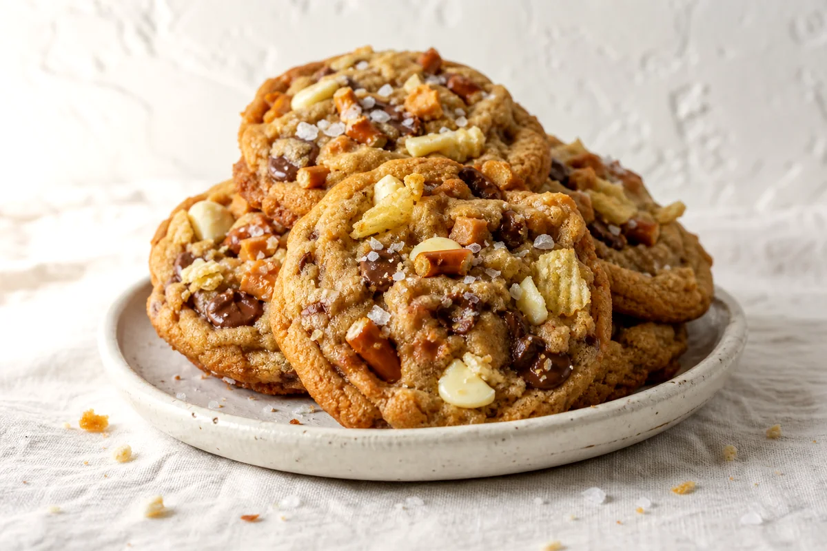 Stacked golden cookies with chocolate chips, pretzels, potato chips, toffee, and flaky sea salt