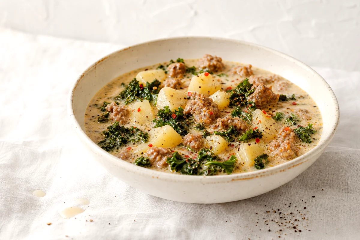 Creamy Zuppa Toscana soup with turkey sausage, potatoes, and kale in a white ceramic bowl