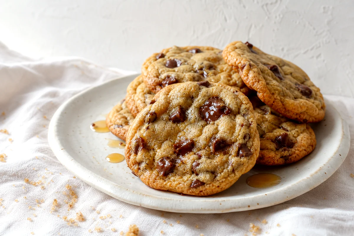 Chewy maple chocolate chip cookies stacked on a white ceramic plate with crumbs on linen