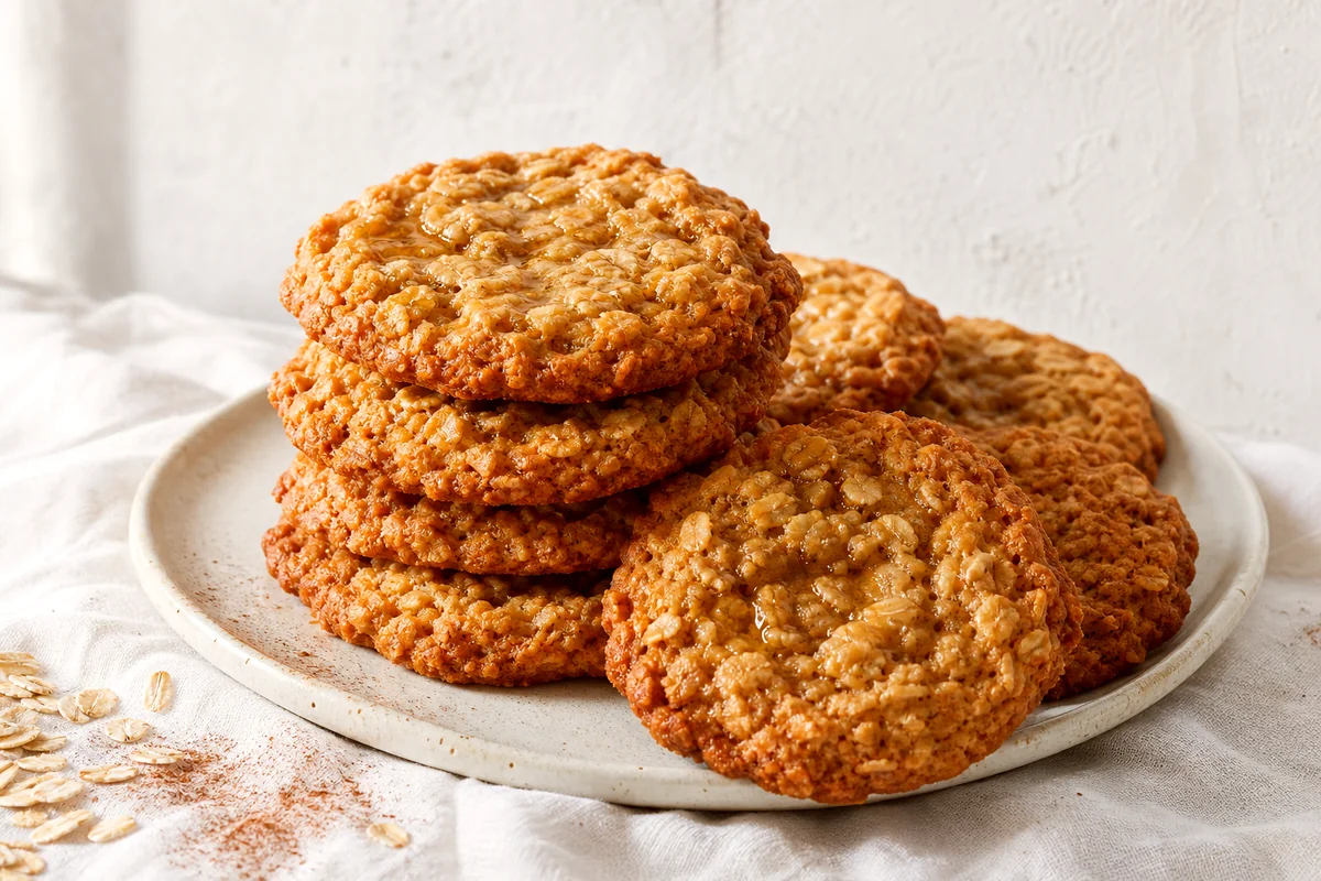 Chewy maple oatmeal cookies with golden edges on a white ceramic plate