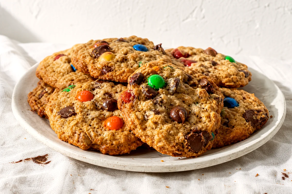 Golden monster cookies with oats, chocolate chips, and colorful candy on a white ceramic plate