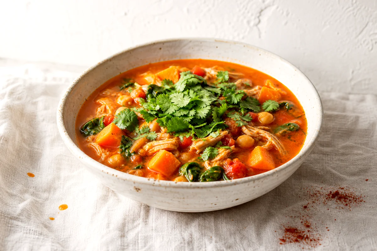 White bowl of Moroccan chicken and sweet potato soup with chickpeas, spinach, and cilantro