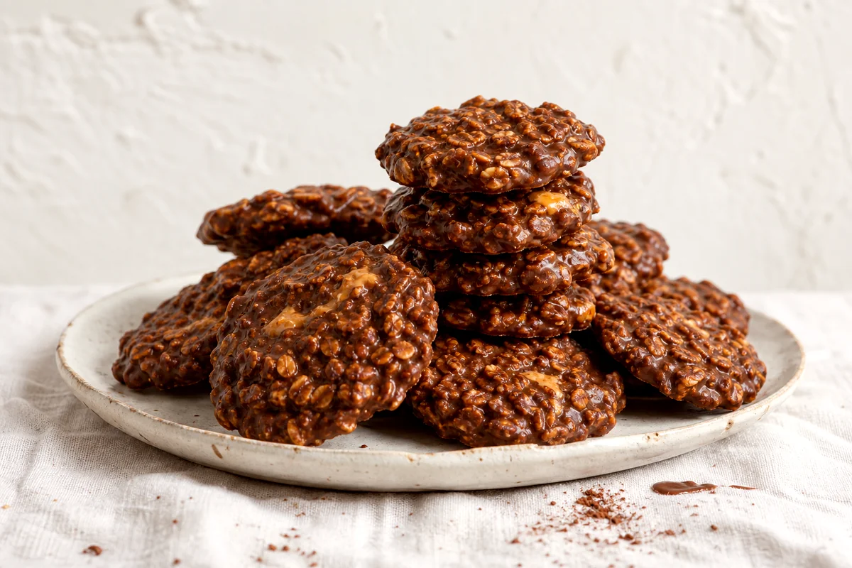 Chewy chocolate oatmeal cookies on a white ceramic plate with cocoa crumbs on linen