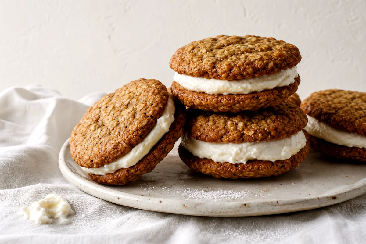 Stacked oatmeal cream pie cookies with fluffy marshmallow filling on a white ceramic plate