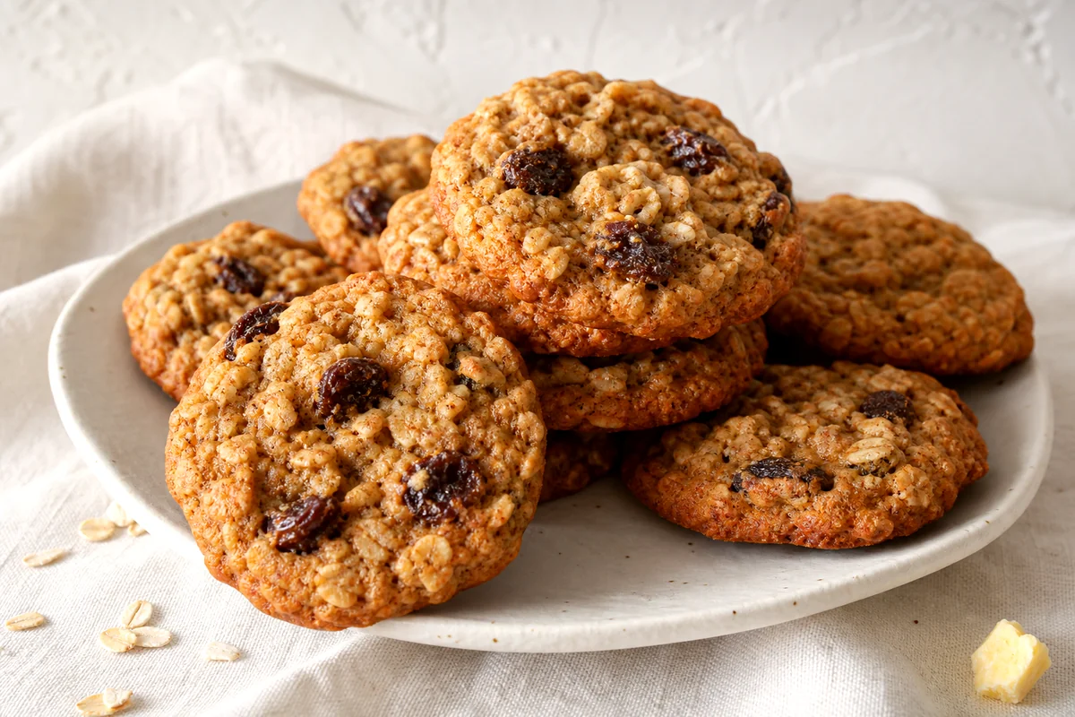 Chewy oatmeal raisin cookies with golden edges on a white ceramic plate