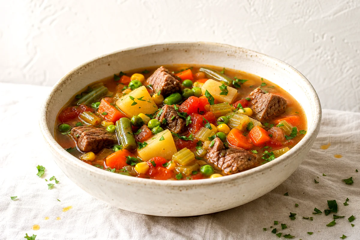 Hearty vegetable beef soup with potatoes, carrots, peas, corn, green beans, and parsley in a white bowl
