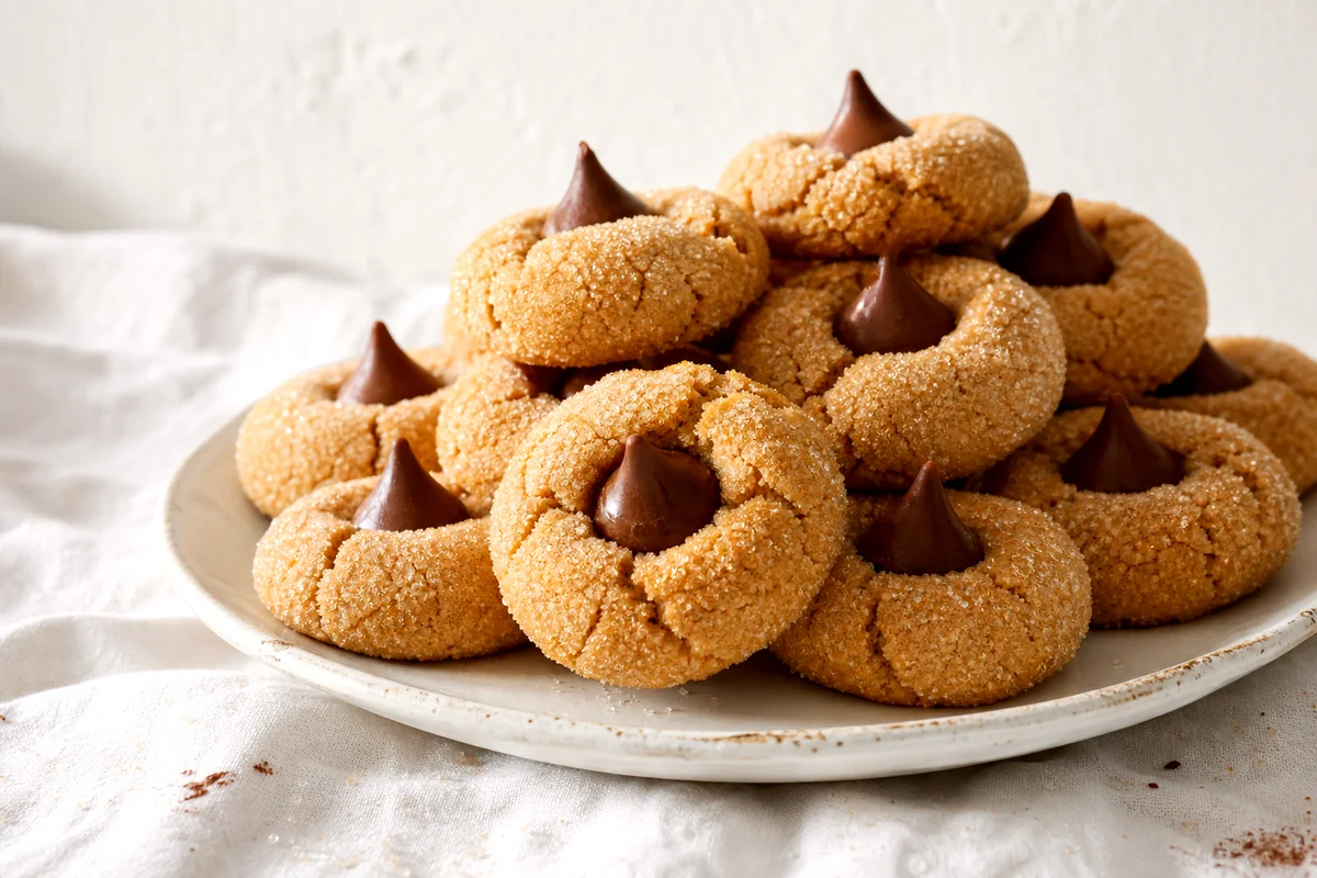 Golden peanut butter blossom cookies with chocolate kisses on a white ceramic plate
