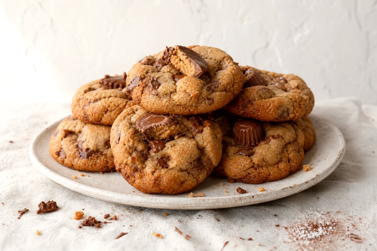 Soft peanut butter cup cookies with melted candy pieces on a white ceramic plate