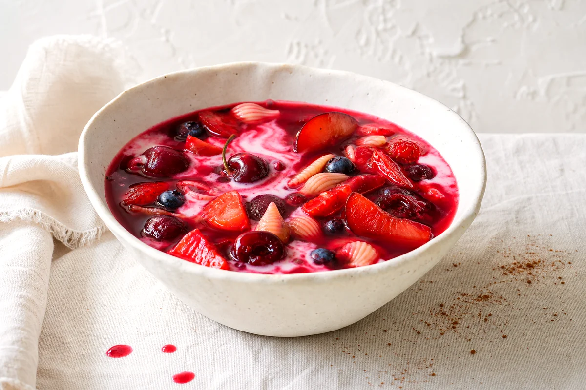 Ruby chilled fruit soup in a white ceramic bowl with berries, plum pieces, yogurt swirl, and small pasta