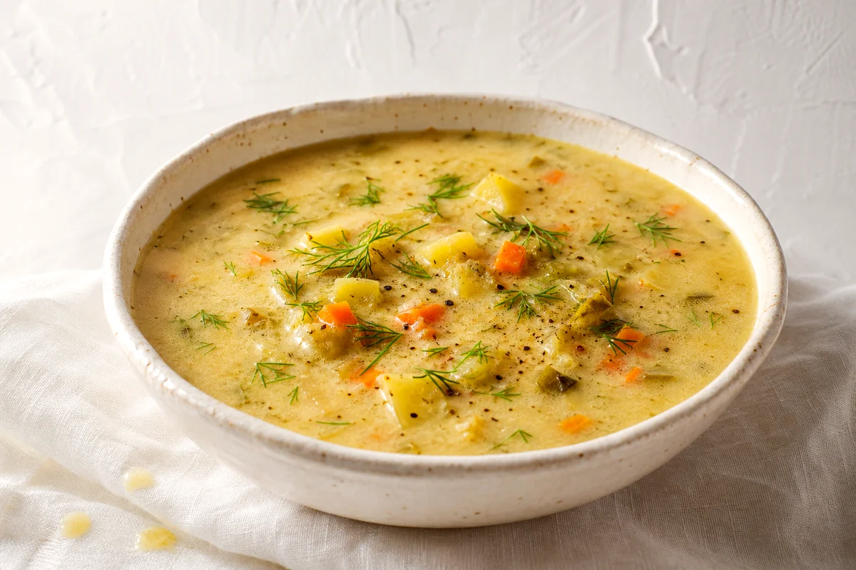 Creamy Polish dill pickle soup with potatoes, carrots, grated pickles, and fresh dill in a white bowl