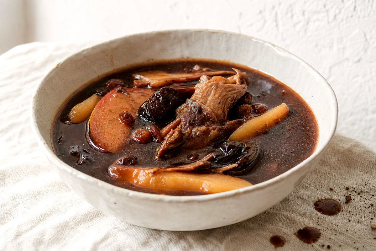 Deep brown duck soup with fruit and tender duck pieces in a white ceramic bowl