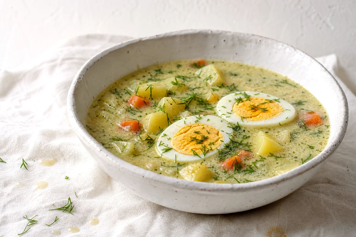 Creamy green sorrel and potato soup topped with hard boiled eggs and fresh dill in a white ceramic bowl