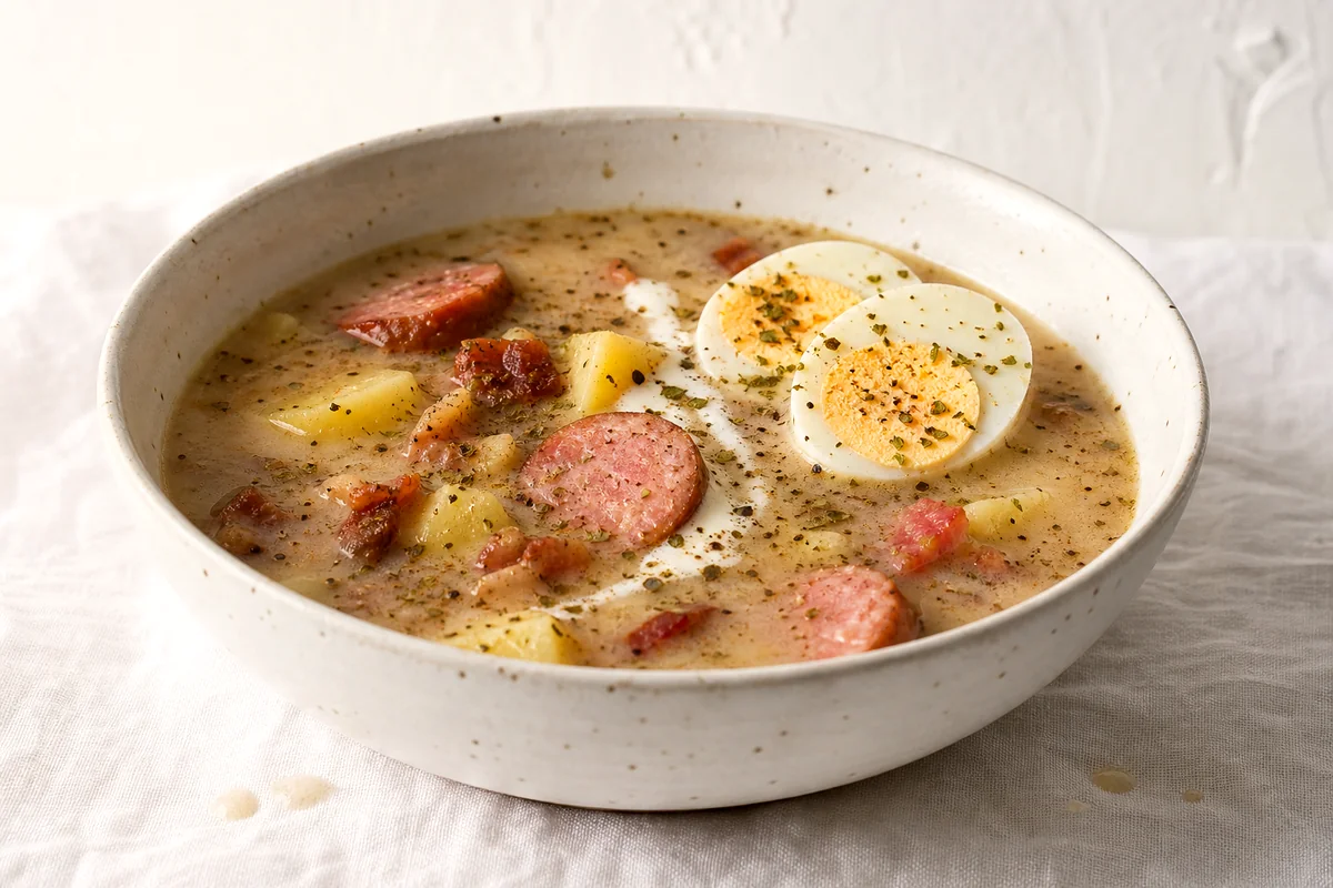 Creamy Polish sour rye soup with sausage, potatoes, bacon, sour cream, and halved egg in a white ceramic bowl