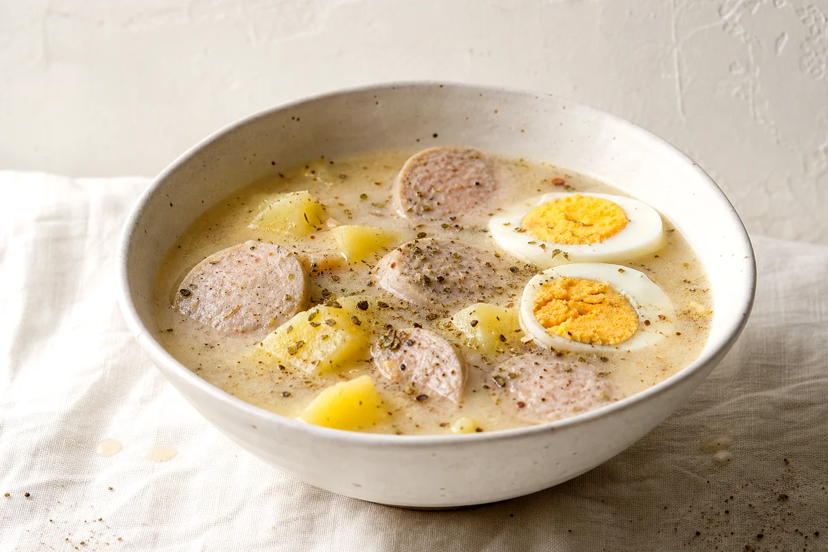 Creamy Polish sour white sausage soup with potatoes, sausage slices, and halved egg in a white bowl