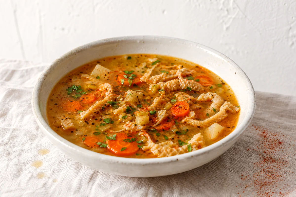 Steaming Polish tripe soup with root vegetables and spices in a white ceramic bowl