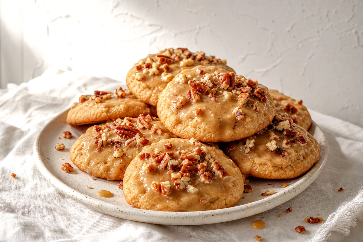 Soft praline pecan cookies with glossy icing and chopped toasted pecans on a white ceramic plate