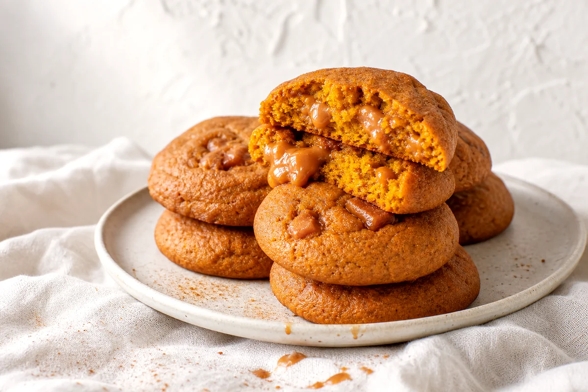 Soft pumpkin caramel cookies with gooey caramel bits on a white ceramic plate