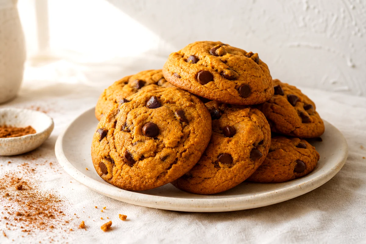 Soft pumpkin chocolate chip cookies with melted chips on a white ceramic plate