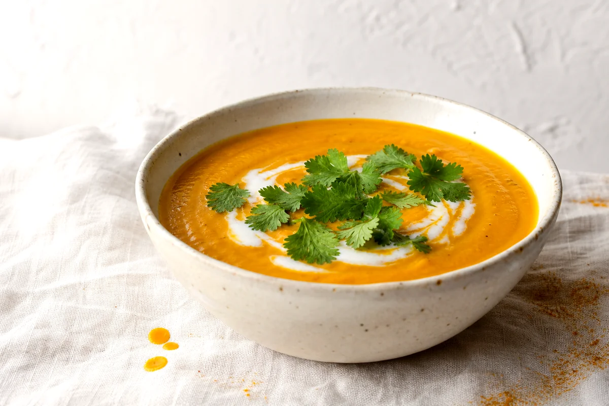 Creamy pumpkin coconut curry soup topped with cilantro in a white ceramic bowl