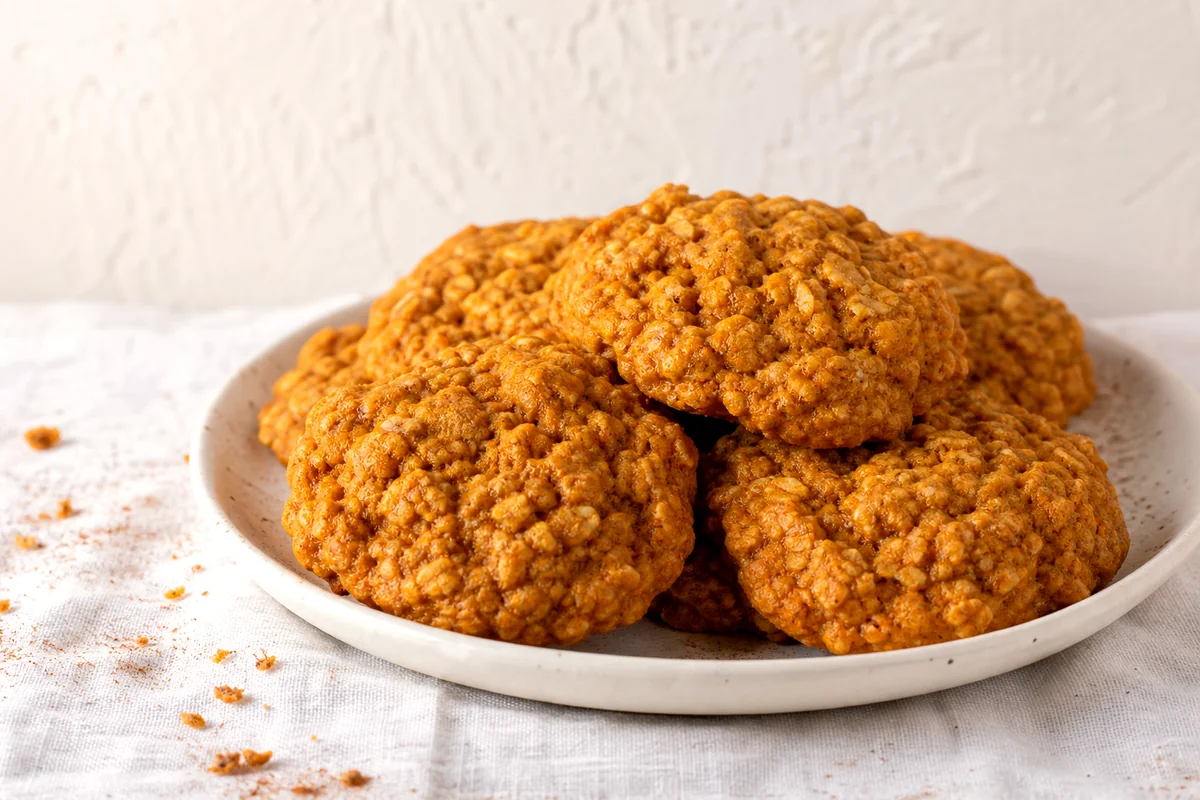 Soft pumpkin oatmeal cookies stacked on a white ceramic plate with cinnamon dusting