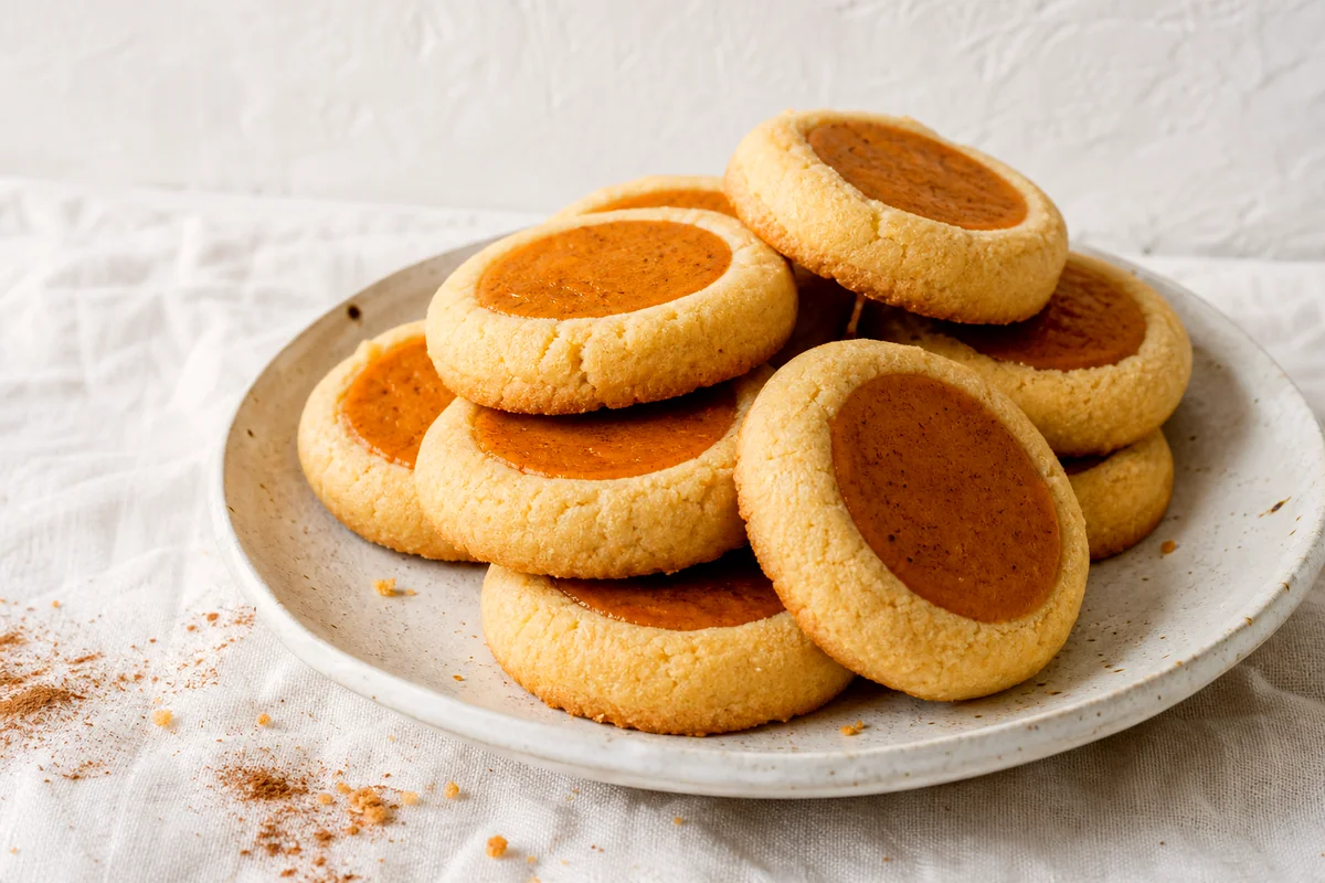 Soft pumpkin pie cookies with creamy spiced centers on a white ceramic plate