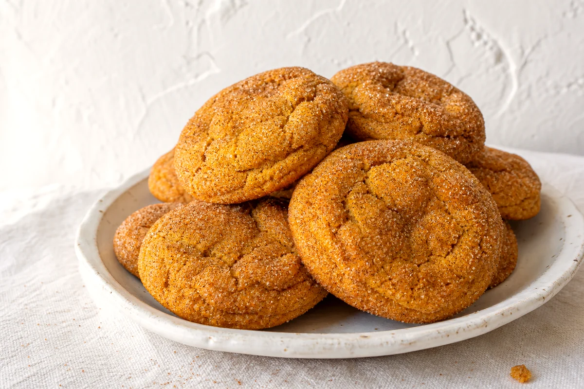 Soft pumpkin snickerdoodle cookies with cinnamon sugar coating on a white ceramic plate
