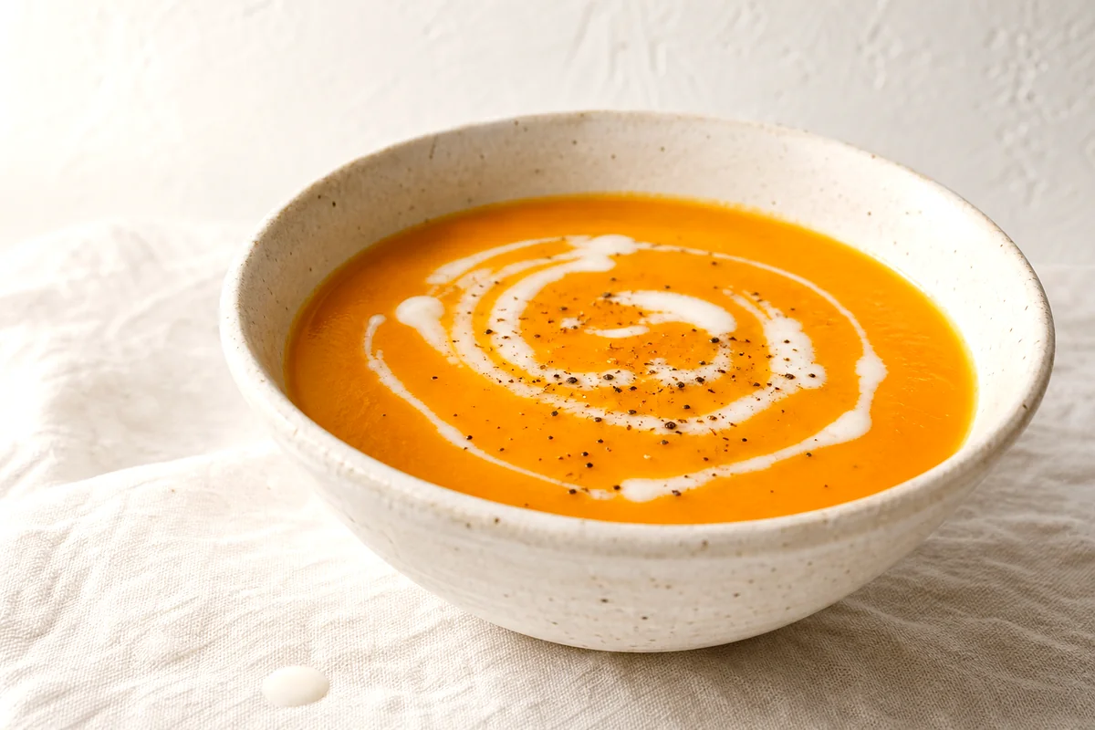 Creamy orange butternut squash and apple soup with coconut milk swirl in a white ceramic bowl