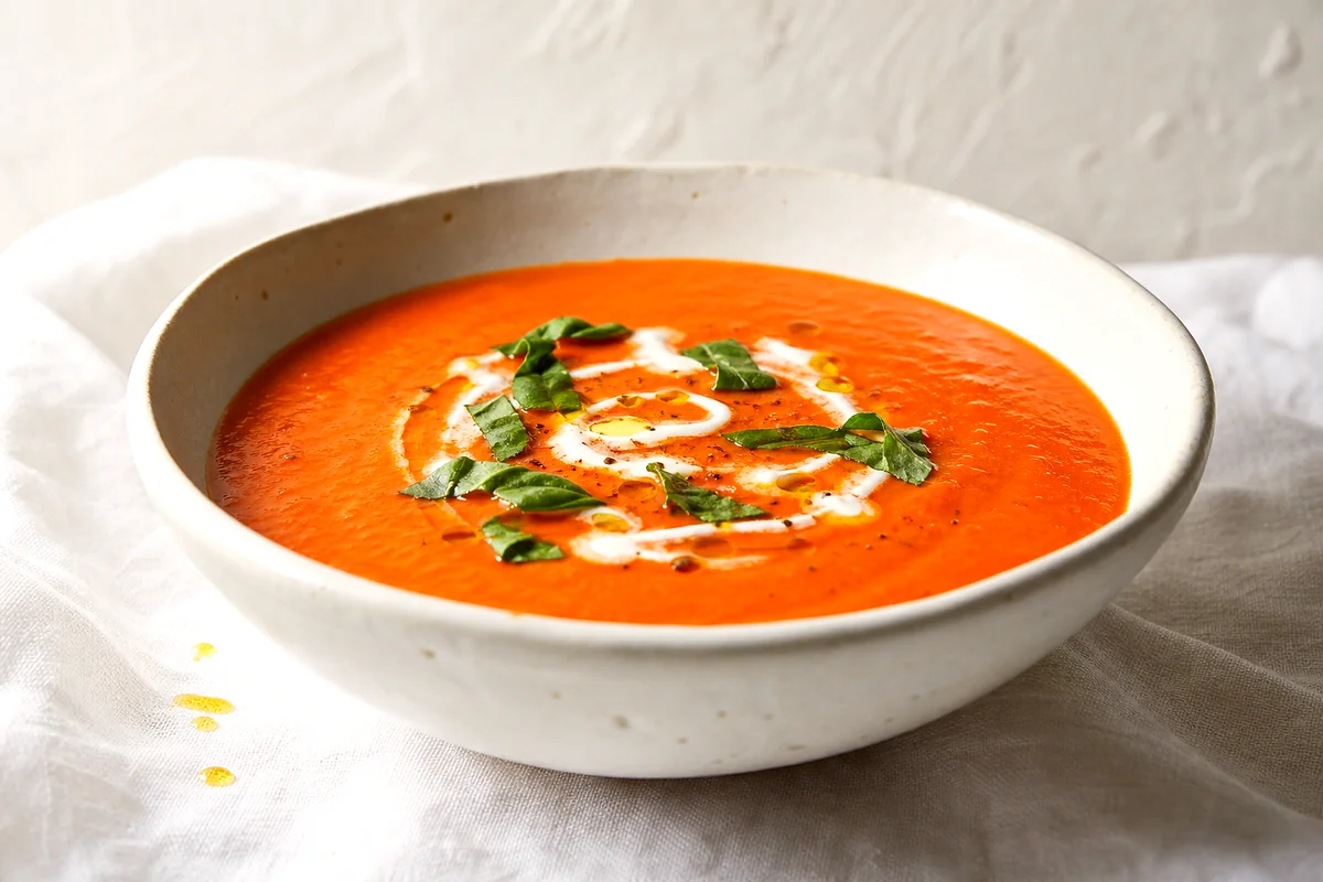 Creamy roasted red pepper soup in a white ceramic bowl with yogurt swirl and basil
