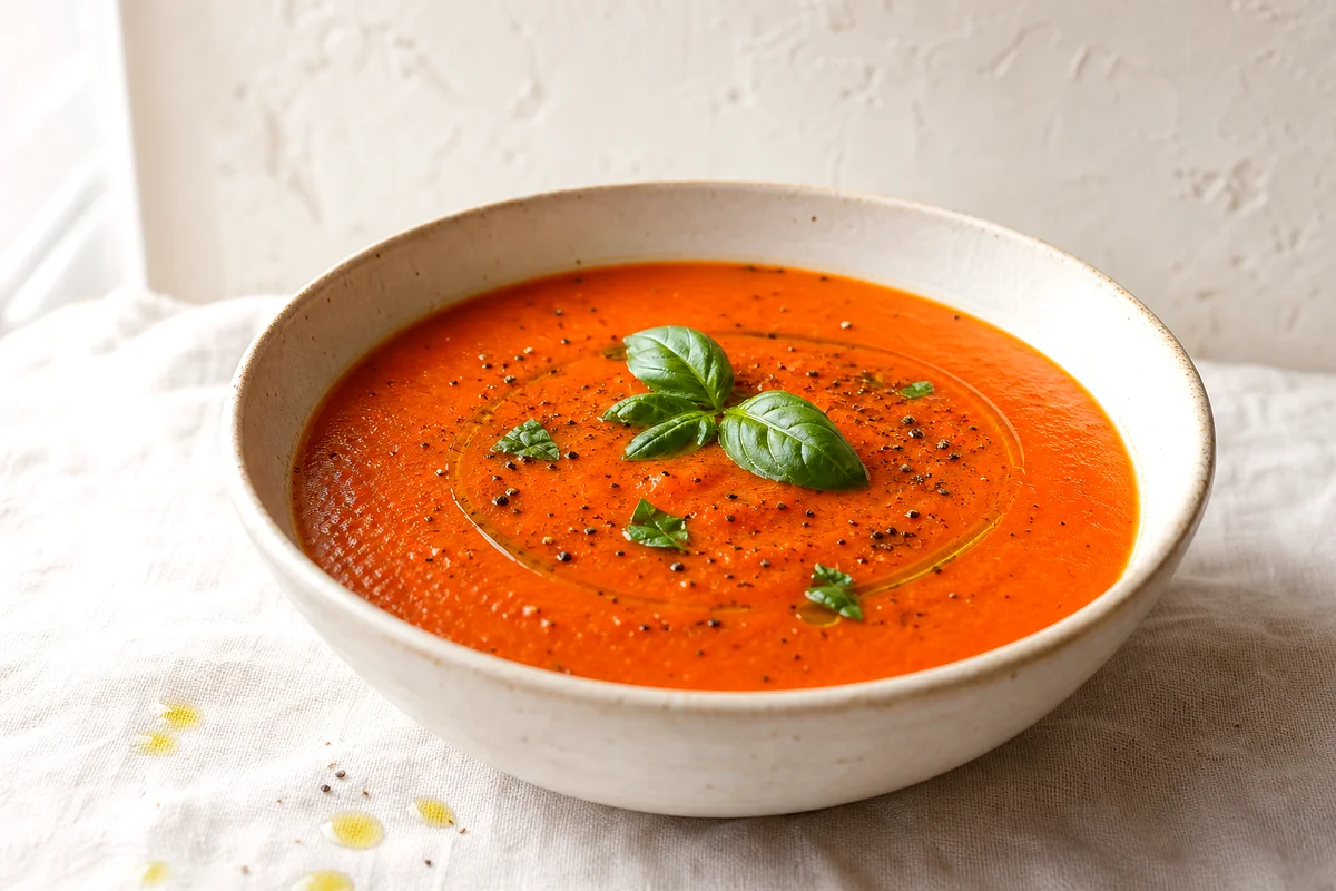 Creamy roasted tomato basil soup topped with basil, olive oil, and black pepper in a white ceramic bowl
